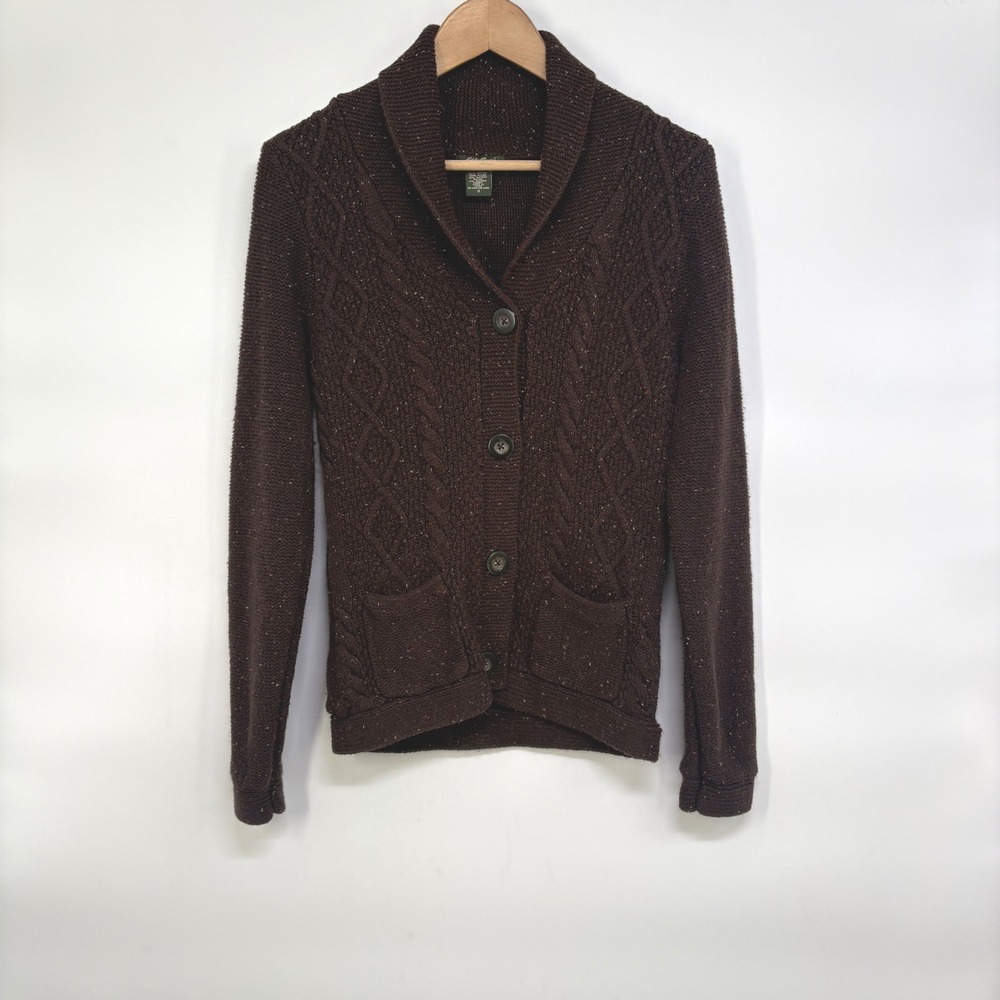 Eddie Bauer Brown Cable Knit Shawl Collar Cardigan Sweater Angora Blend Small
